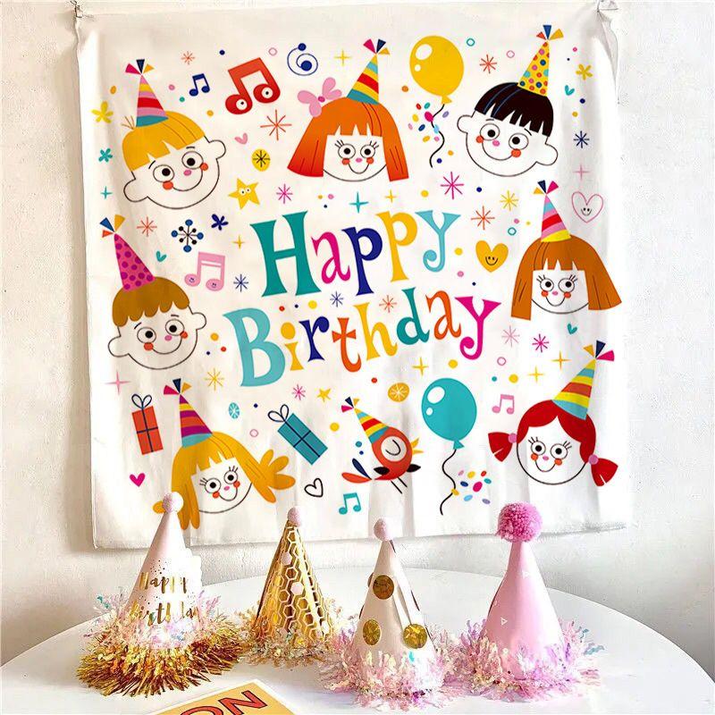 Cartoon Robot Happy Birthday Tapestry, Birthday Party Aesthetic Wall Hanging for Bedroom Living Room Decor