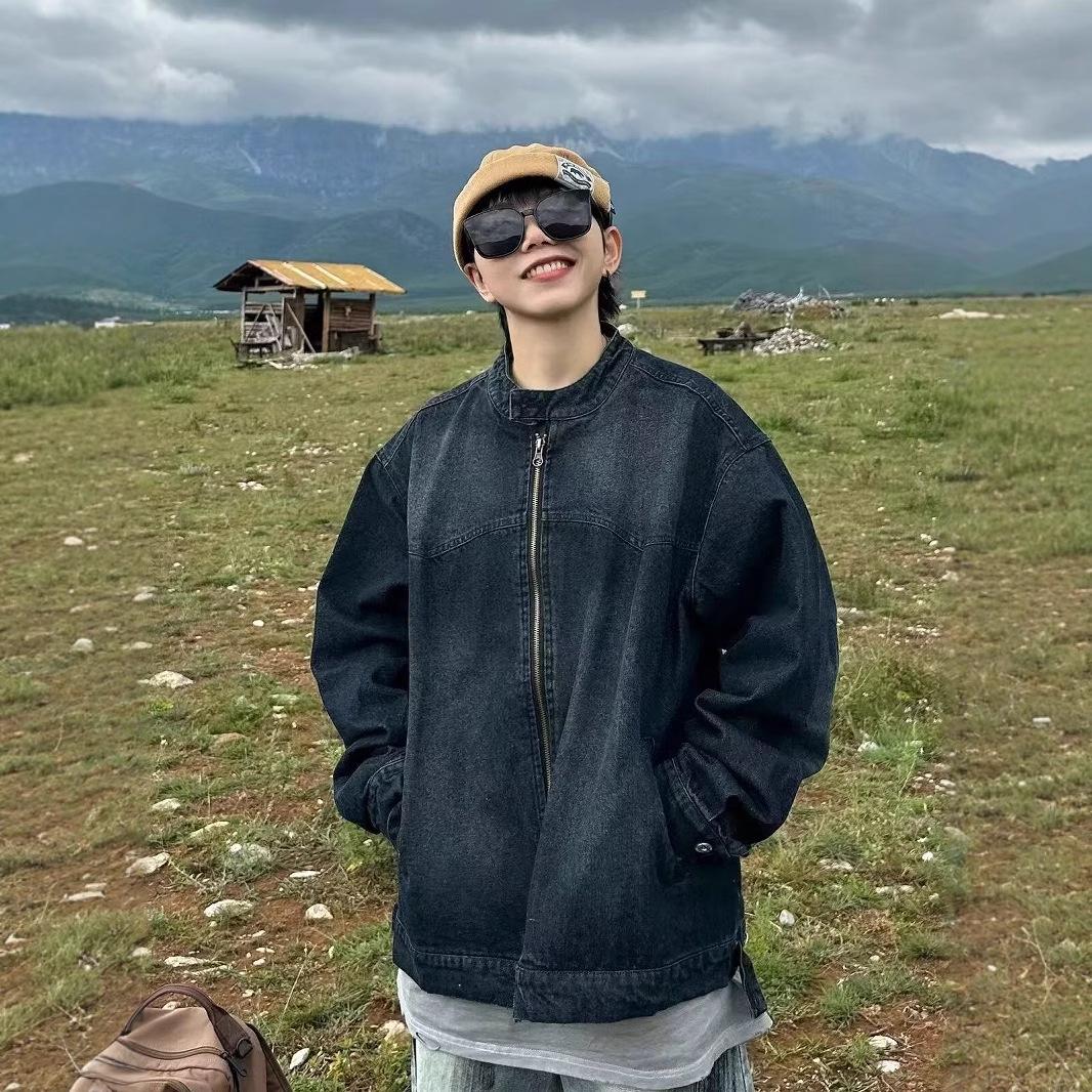 

Унисекс Ретро Джинсовая Куртка с Эффектом Потертости - Универсальная Верхняя Одежда на Весну/Осень L темно-синий