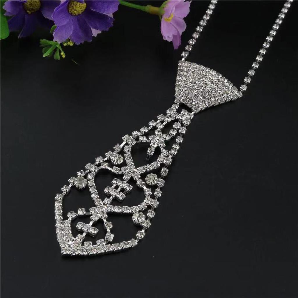 Men Women Kids Elegant Glitter Rhinestone Tie Shaped Necklace for Prom Party