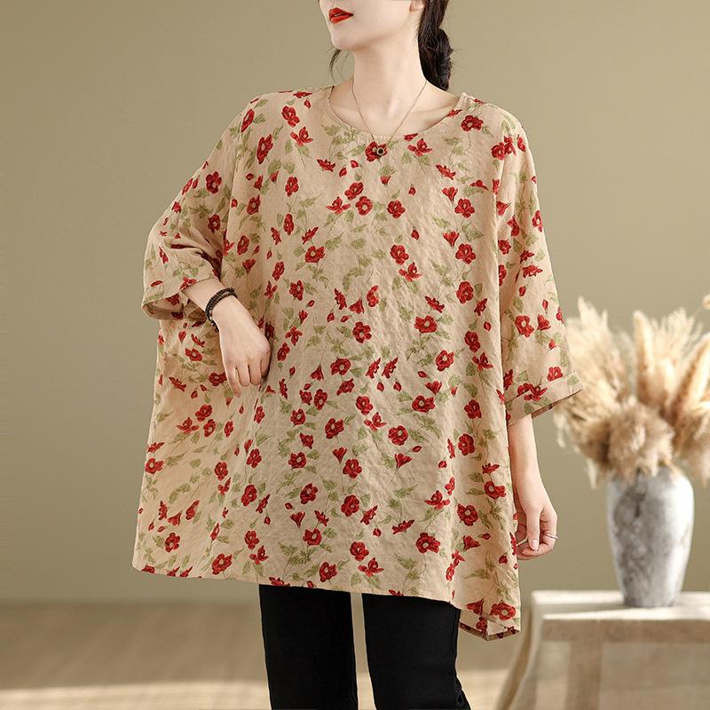 Summer New Artistic Plus Size Loose Print Round Neck Three Quarter Sleeve T-shirt