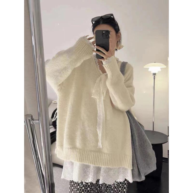Soft waxy gentle wind lace splicing lace-up knitted sweater women's fashion solid color loose pullover sweater