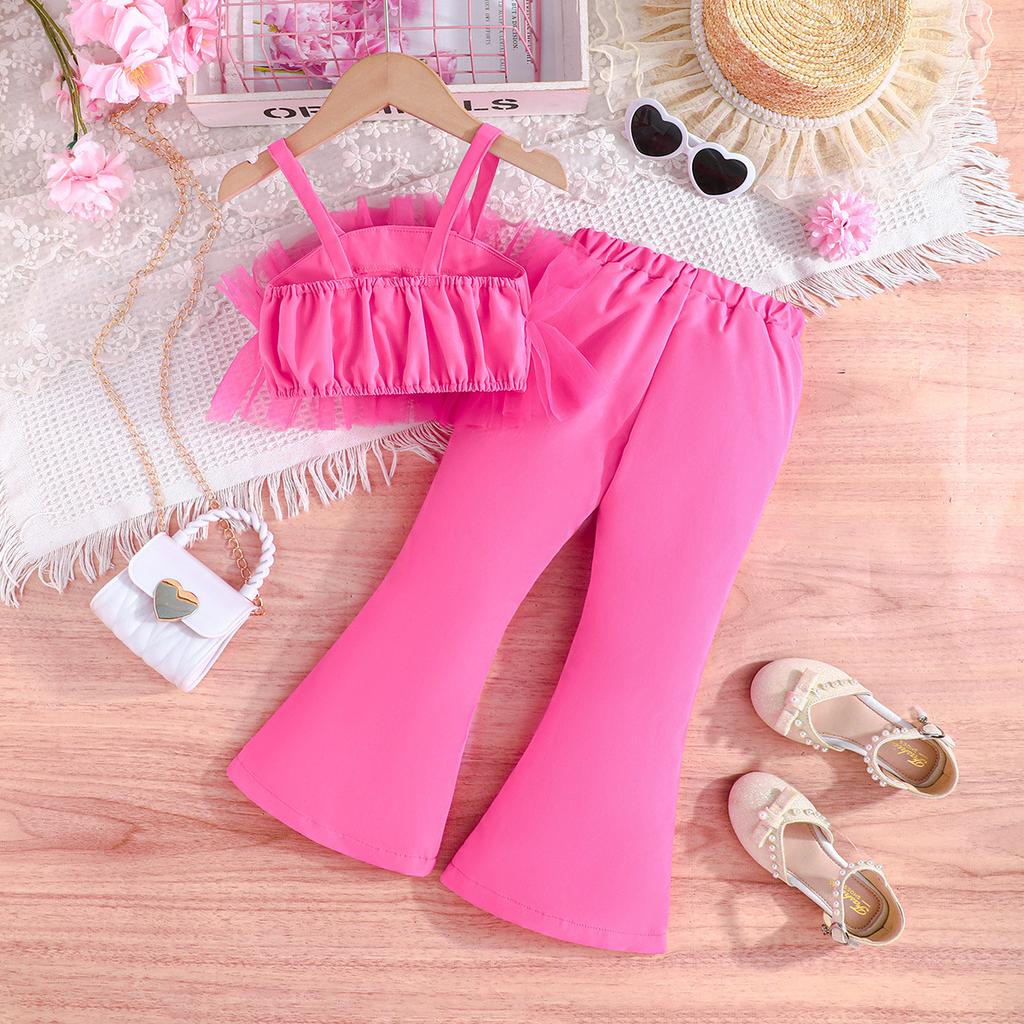 Varmsalg 2-7Å Jentedrakt Sommer Haltertopp Mesh + Utsvingte Bukser Jentemotedrakt Jentebukser