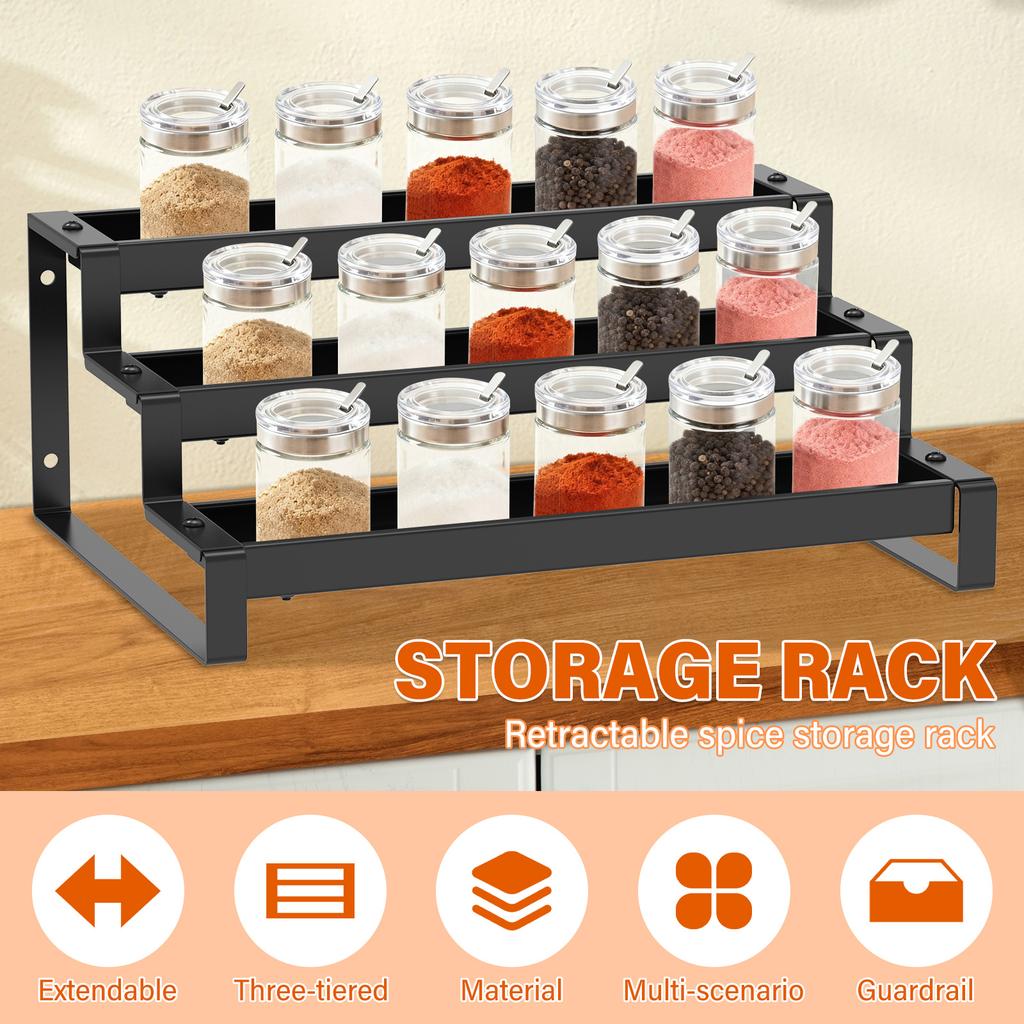 3 Tier Expandable Kitchen Storage Rack Carbon Steel Spice Bottle Rack With Fence Telescopic Seasoning Jar Organizer for Home