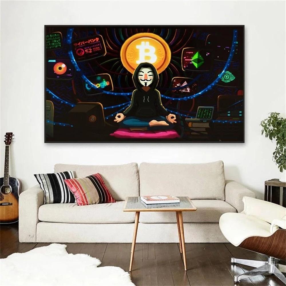 Bitcoin Anonymous Meditation, Leinwandgemälde, Wandkunst, Poster und Drucke, moderne Bilder für Wohnzimmer, Schlafzimmer, Heimdekoration, ohne Rahmen