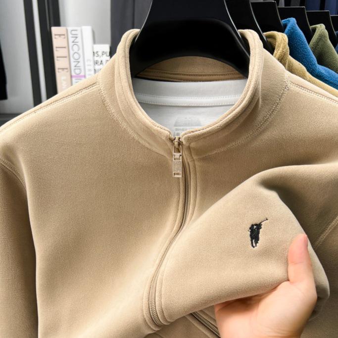 Men's Double-Sided Berber Fleece Stand Collar Jacket with Embroidery – Classic American Style