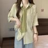 Fashionable Women Striped Summer Shirt Mid Sleeve Fake Two Piece Design Casual Blouse Unique Top
