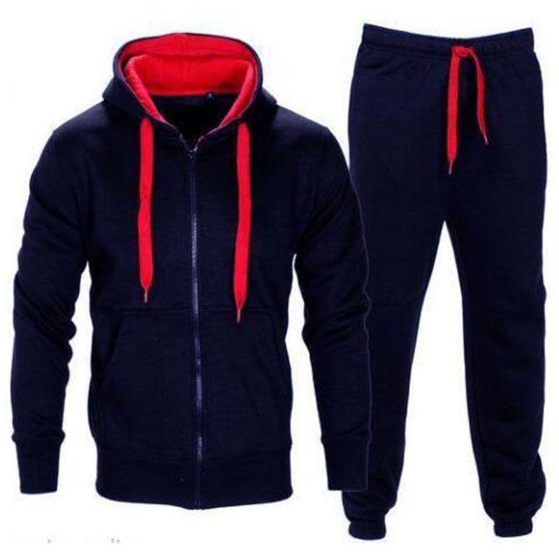 Set Mens Tracksuit Fleece Zip Hoodie Topsbottoms Joggers Gym Jogging Contrast