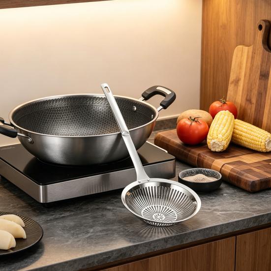 Stainless Steel Deep Skimmer with Long Handle Heavy-Duty Slotted Spoon for Dumplings Noodles Frying Rust-Proof Dishwasher Safe Essential Kitchen Tool