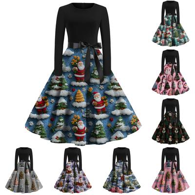 Women's Fashion Round Casual Slim Fit Christmas Print Large Swing Long Sleeve Dress