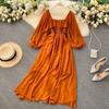 Koreanische Chic Quadrat Kragen Langarm Kleid Frauen Casual Solide Chiffon Kleider Puff Hülse Vintage Rüschen Kleid 30502