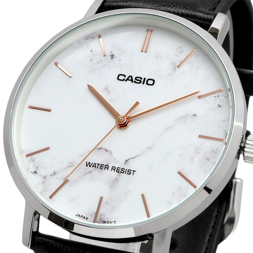 CASIO Quartz Men's Watch MTP-VT01LM-7A White Marble × Black Leather Band