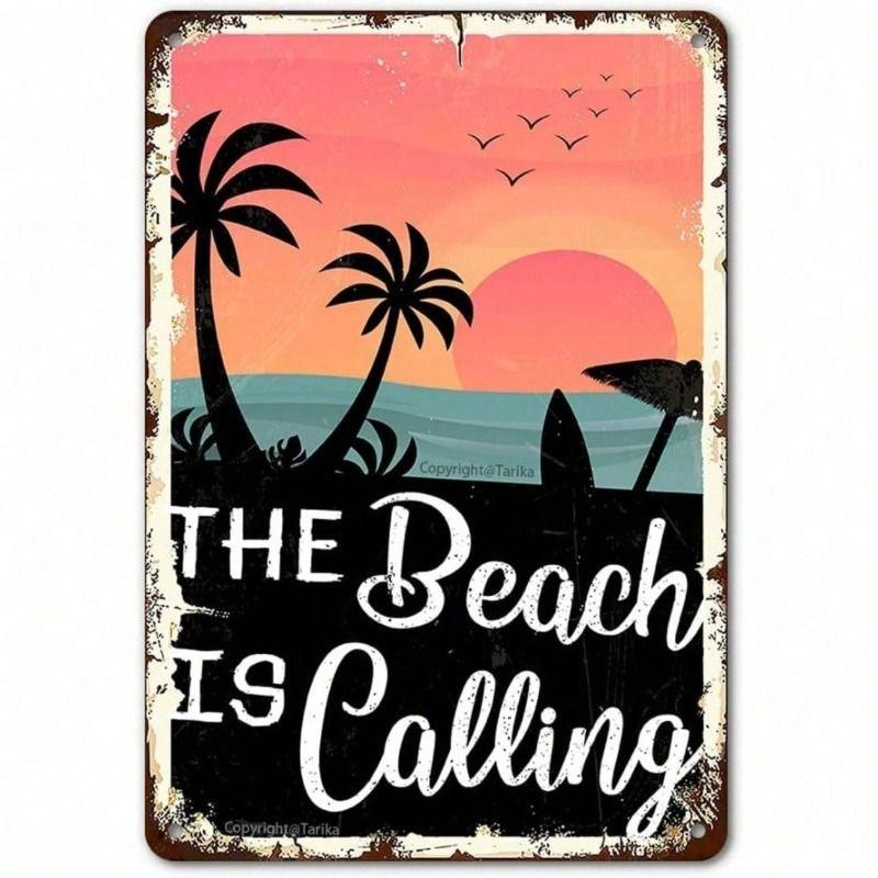 

Vintage Metal Poster Wall Art, Beach Decor for Home, The Beach Is Calling Sign