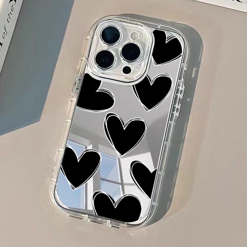 Black Heart Phone Case For iPhone 17 16 15 14 13 12 11 Pro Max 16e 17e XR X XS Max 7 8 Plus Make Up Mirror Shockproof Soft Cover