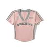 Nuova T-shirt sportiva casual estiva da donna, stile Spice Girl americana, con abbinamento di colori, manica corta con scollo a V, aderente e sottile.