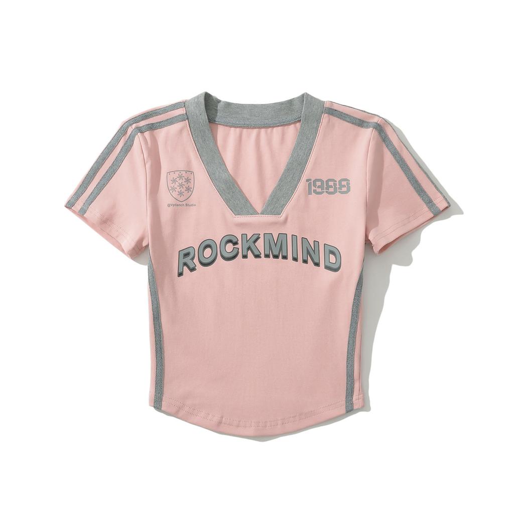 Nuova T-shirt sportiva casual estiva da donna, stile Spice Girl americana, con abbinamento di colori, manica corta con scollo a V, aderente e sottile.