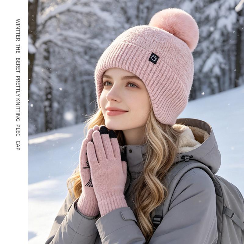 Winter Knit Pom Pom Beanie and Touch Screen Gloves Set for Women Warm Ear Flap Hat 2 Piece