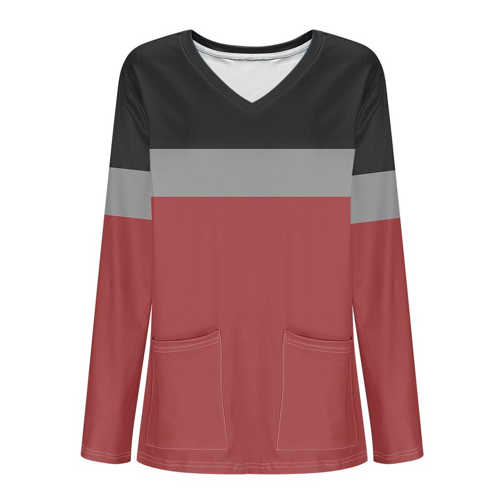 Women's Fashion V-Neck Long Sleeve Workwear With Pocket Striped Printed T-Shirt Top