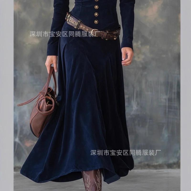 European and American autumn French temperament long-sleeved slim-fitting single-row multi-buckle dress plus belt