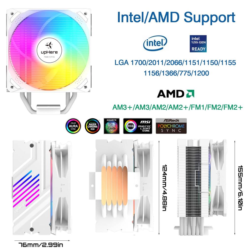 upHere CPU Cooler Side Flow Type LGA1700 Compatible High Performance ARGB PWM Fan AURA Sync 5V 3PIN RGB 6 Hot Pipes AM4 Compatible White ARGB/Auto