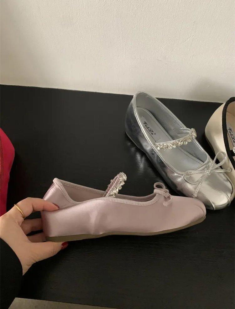 [Armano] French Rhinestone Word Belt Mary Jane Shoes Women's Ballet Shoes Spring and Summer with Skirt Single Shoes Women