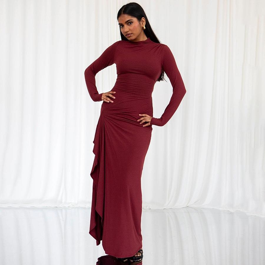 Autumn New Style Fashion Design Solid Color Crew Neck Asymmetrical Hem Slim Fit Dress