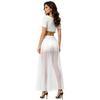 S-XXL Women Oriental Dance Costume Gold Trim V Neck Crop Top Short Sleeve and High Waist Flowy Chiffon Skirt with Side Slit Ruffles