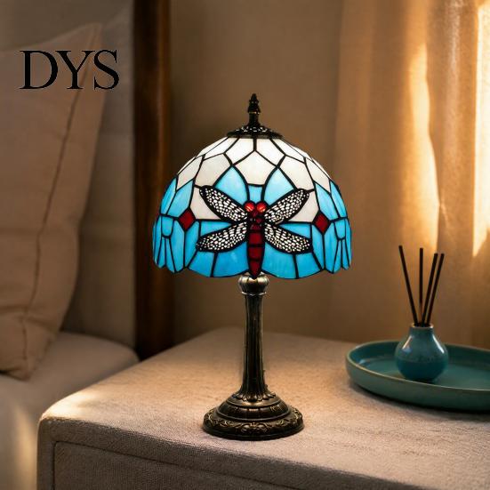 Soft Warm Light Fixture Tiffany Dragonfly Stained Glass Table Lamp, Vintage Blue Bedside Night Light, Style Ornament Decorative Atmosphere Lamp
