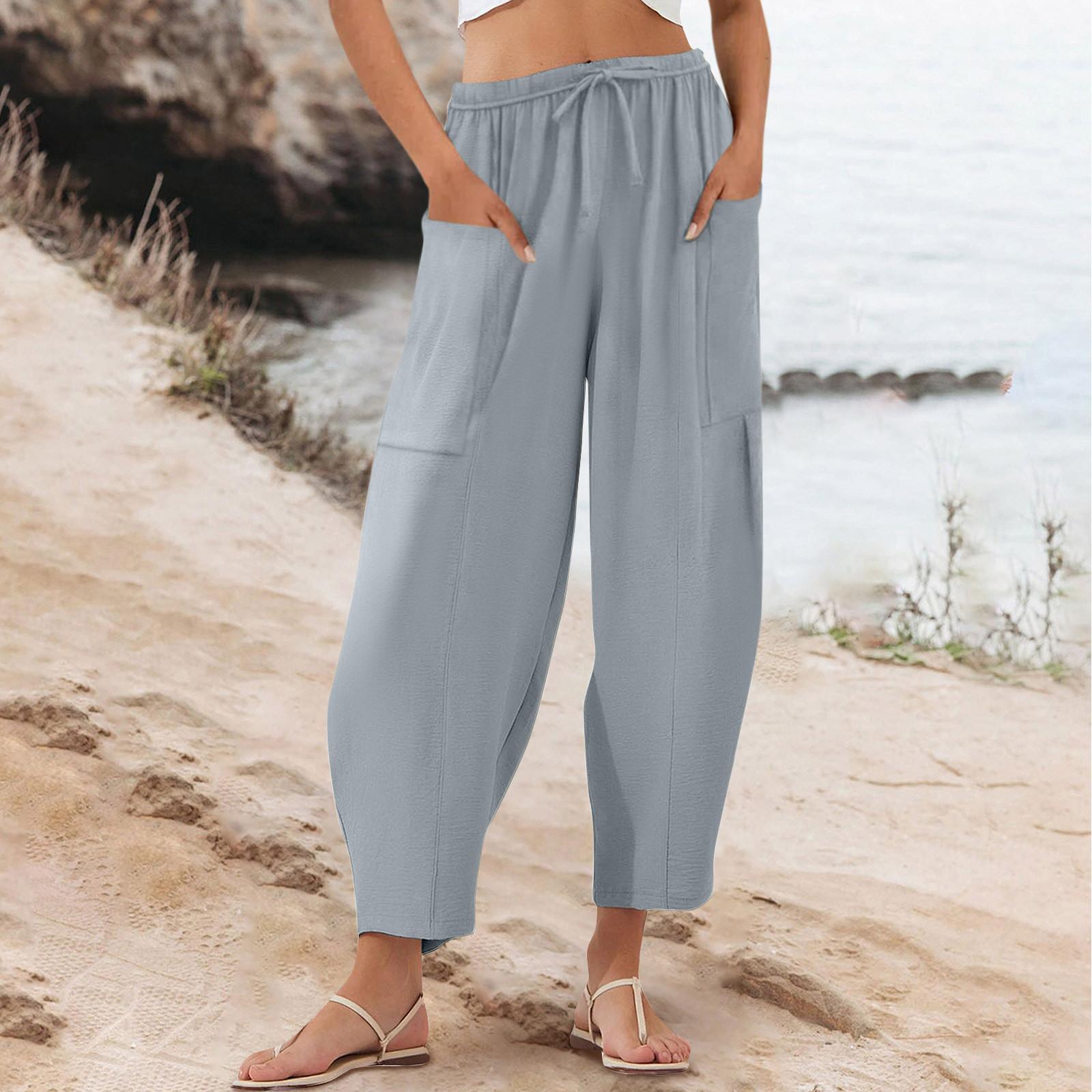 

Женские летние свободные повседневные брюки с высокой талией и карманами, широкие брюки, пляжные брюки XL светло-синий