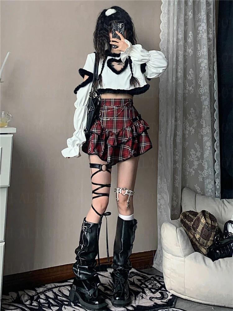 Punk Gothic Red Plaid Mini Skirt Women Vintage Y2k E-girl Emo High Waist Cake Skirt Harajuku Street Fairycore Grunge Clubwear