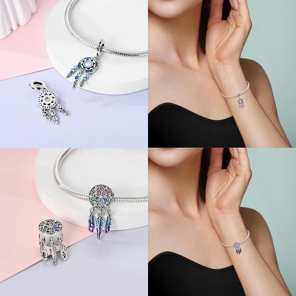 Charm Copper Original Dream Catcher Feather Pendant Purple Colorful Moon Design Bead Fit Bracelet Women Jewelry Diy