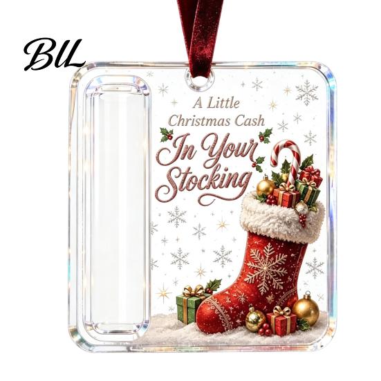 Christmas Cash Ornament with Lanyard Gift Ornament, Clear Acrylic Money Holder, Holiday Xmas Card Holder for Tree Hanging Decoration, Funny