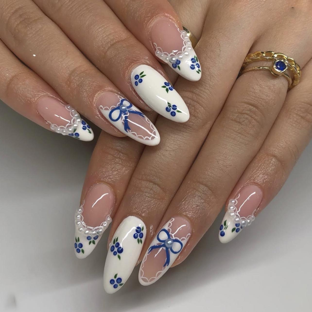 Blue & White French Bow Almond Press-On Nails