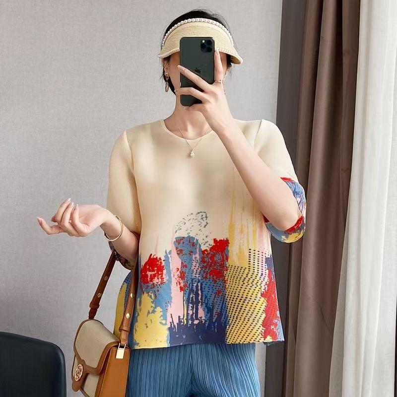 Wrinkled Spring Clothes Printed Mother Loose Sweater Mid-sleeve Summer Bottoming Shirt