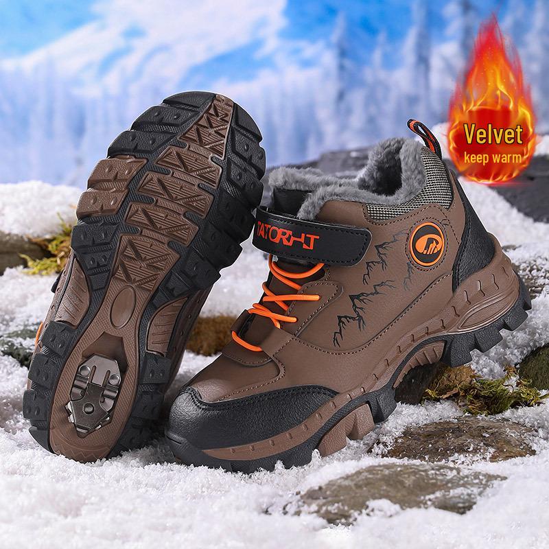 2025 Winter Boys' Non-Slip Large Cotton Shoes with Velvet Lining