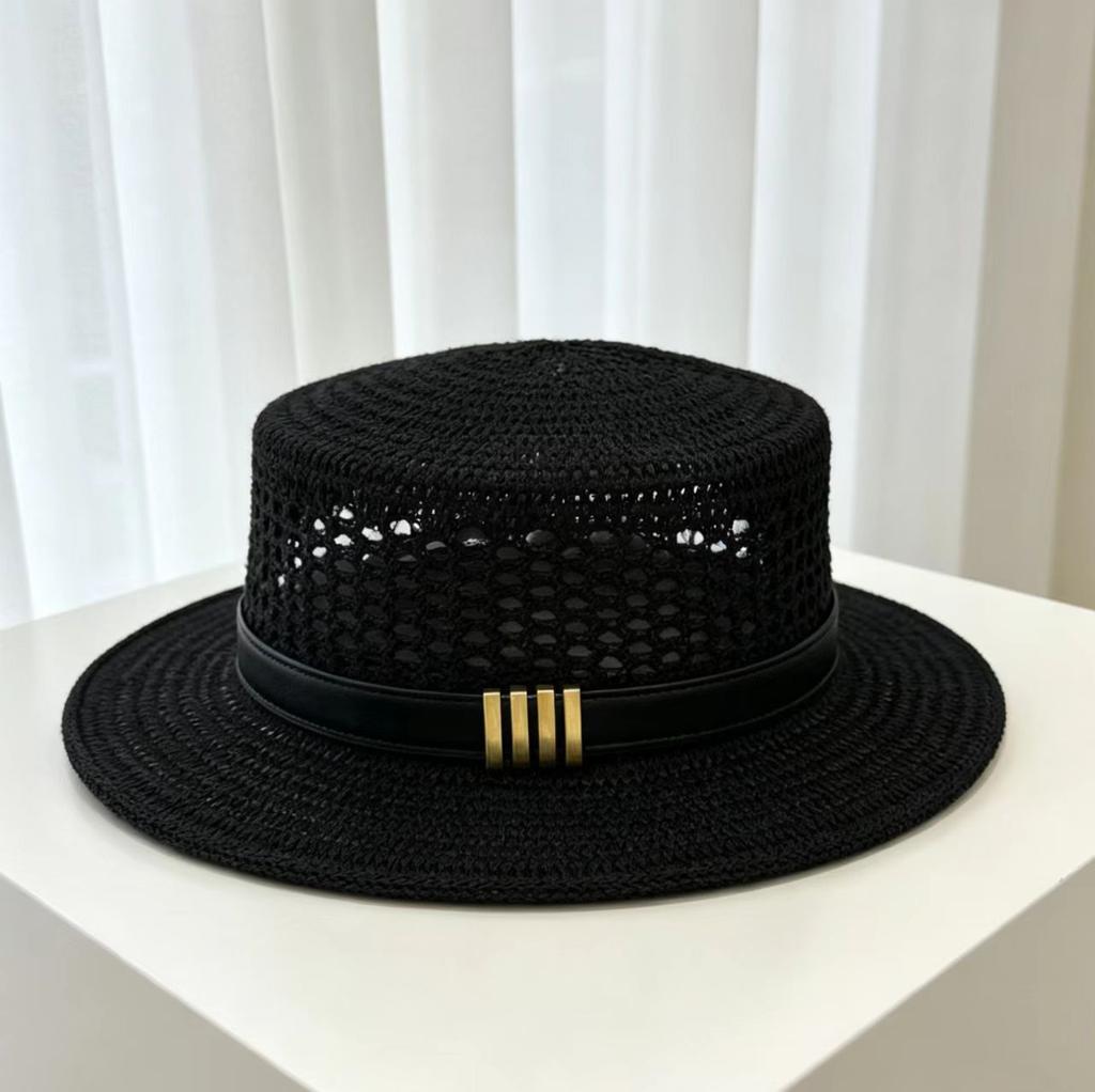 British retro belt flat top top hat straw knitted vacation hat women's spring summer breathable sun protection shade straw hat