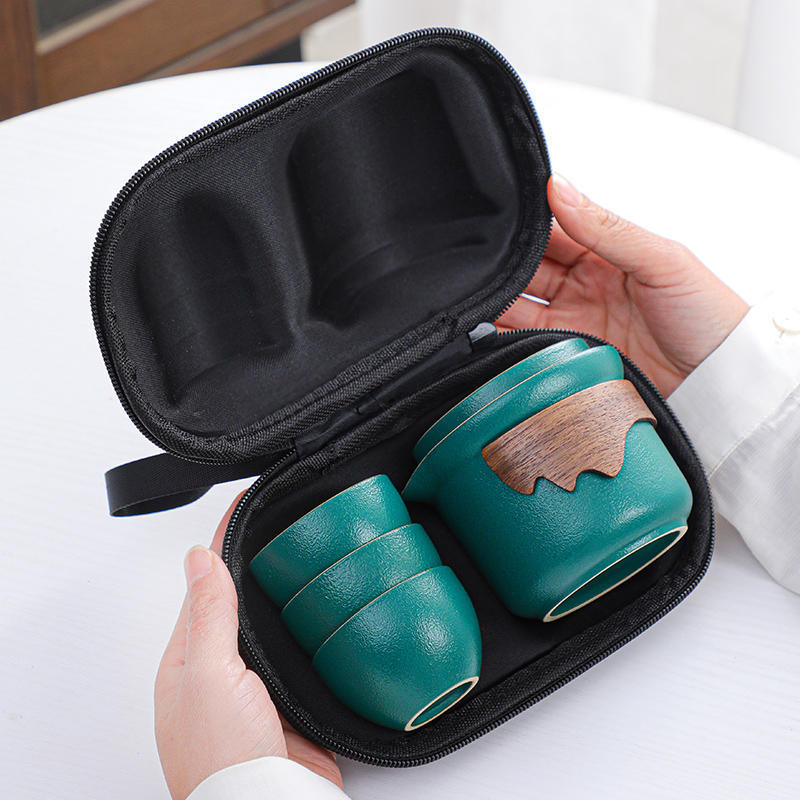 Travel tea set, portable small bag, black pottery, easy to carry outdoors, a pot of three cups of express cup