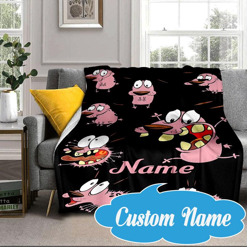 Custom Name Cowardly Dog Adventure Blanket Bed Sofa Blanket Flannel Blanket for Camping, Hiking, Picnic Essentials,gift for Fan Family