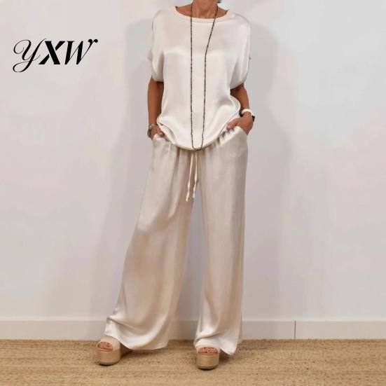 Women Satin Outfit 2 Pcs/Set Top Pants Set Round Neck Half Sleeves Blouse Elastic Waist Trousers Wide Leg with Pockets Daily Leisure Loose Solid Color