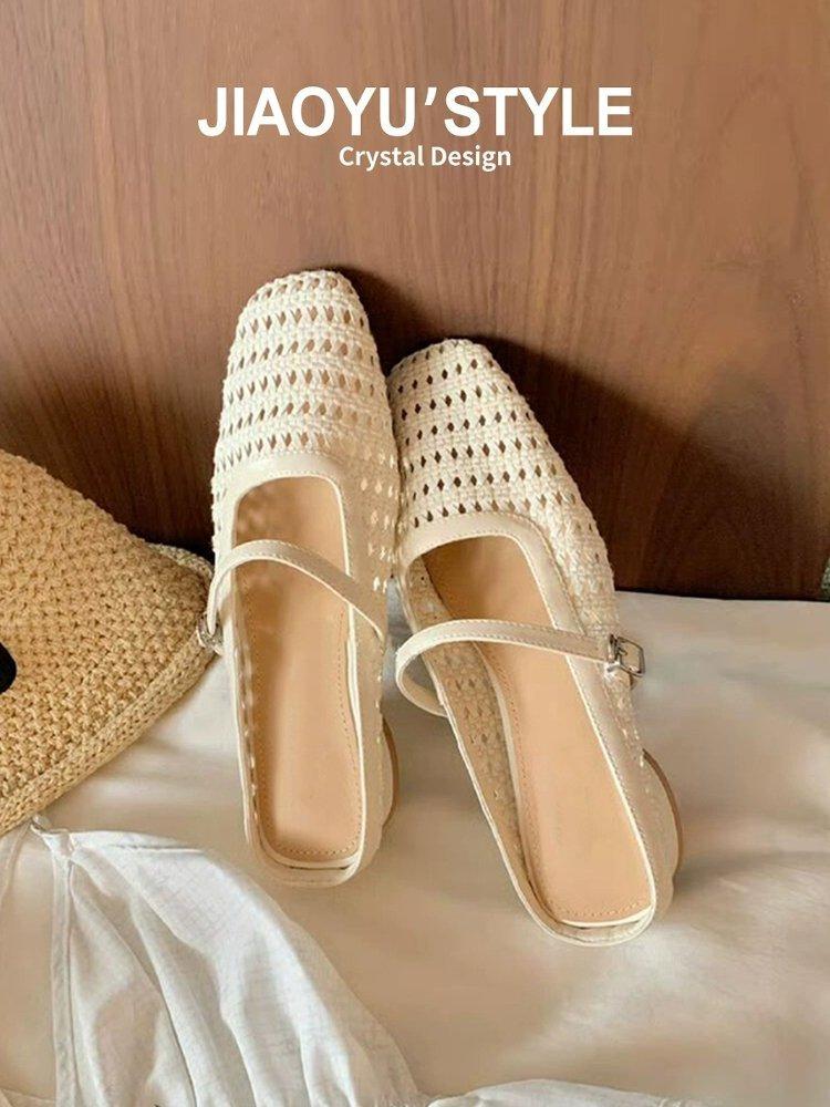 Sheepskin Version! 3cm Inner Height Increase Bag Head Half Drag Women's Summer Thick Heel Weaving Hollow Mary Jane Cool Slippers Women's Outer Wear