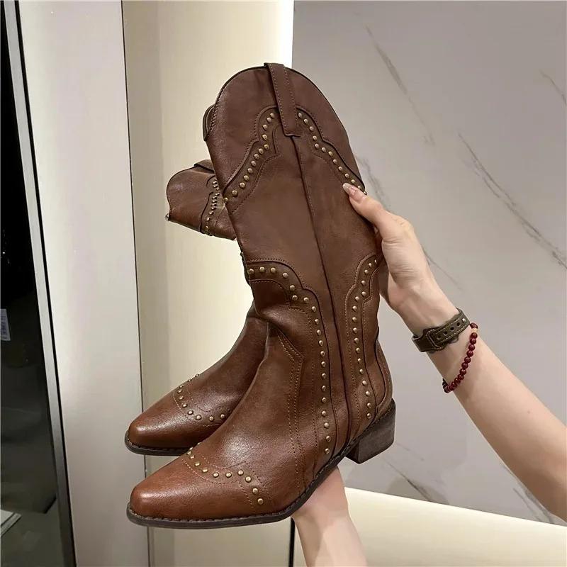 Comemore Retro Rivet Long Boots Women Low Heel Cowboy Western Pu Leather Knee High Gothic New Ladies Shoes Vintage Brown Botas