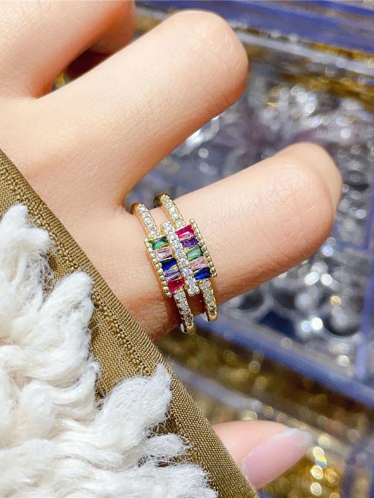 Charm Female Rainbow White Zircon Stone Adjustable Open Ring Gold Color Cute Gift Wedding Jewelry For Women