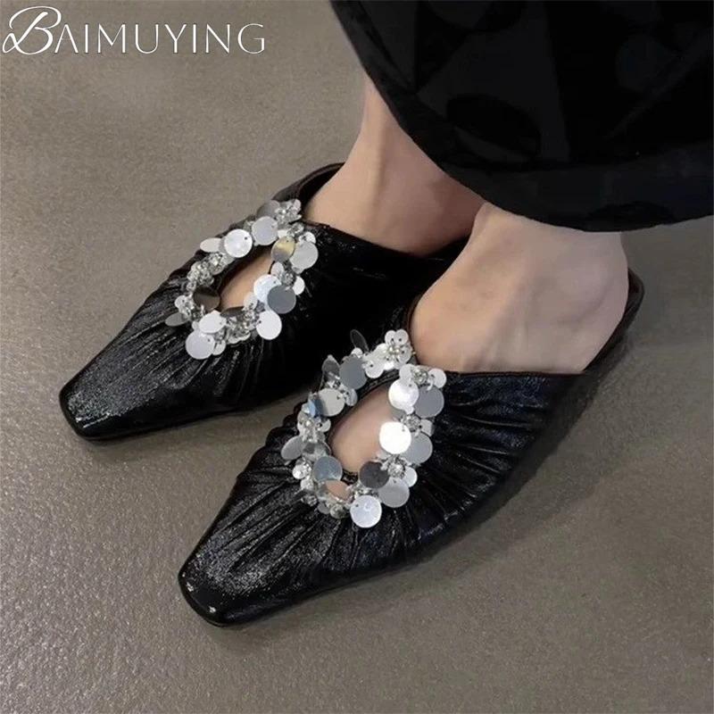 Fashion Women Mules Shoes Bling Flats Square Toe Slippers Elegant New 2025 Summer Sandals Dress Party Luxury Woman Slingback Shoes Mujer