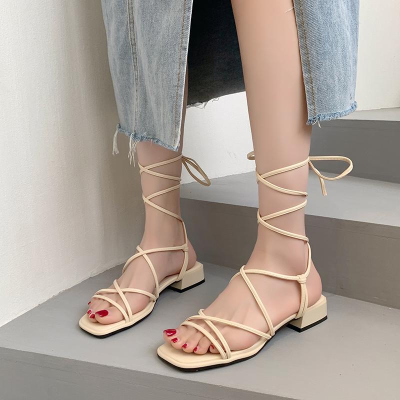 

Fashion Summer New Roman Sandals Square Toe Open Toe Thin Strap Versatile Block Heel Low Heel Strap-on Women s Shoes 35