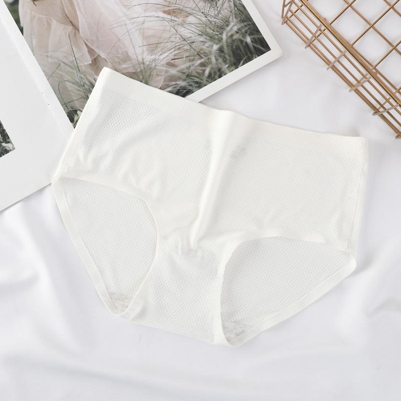 Women's Mid-Waist Seamless Ice Silk Briefs with Breathable Holes and Cotton Crotch