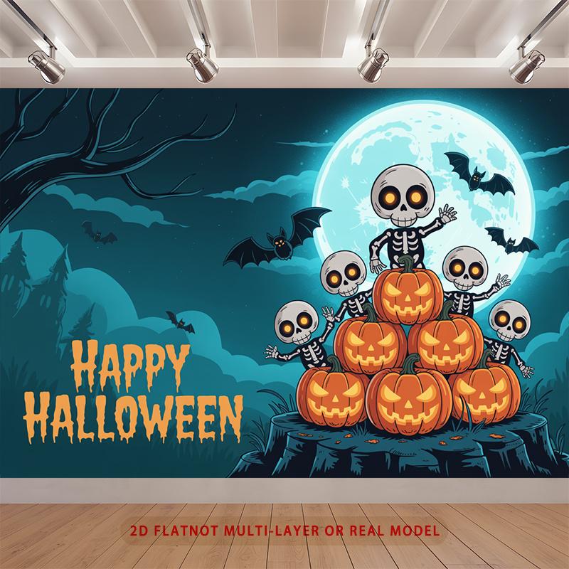 Party Backdrop Halloween Moon Flat Spanish Scary Skeletons Pumpkins Birthdays Showers Photo Background Decor Front Door Decor