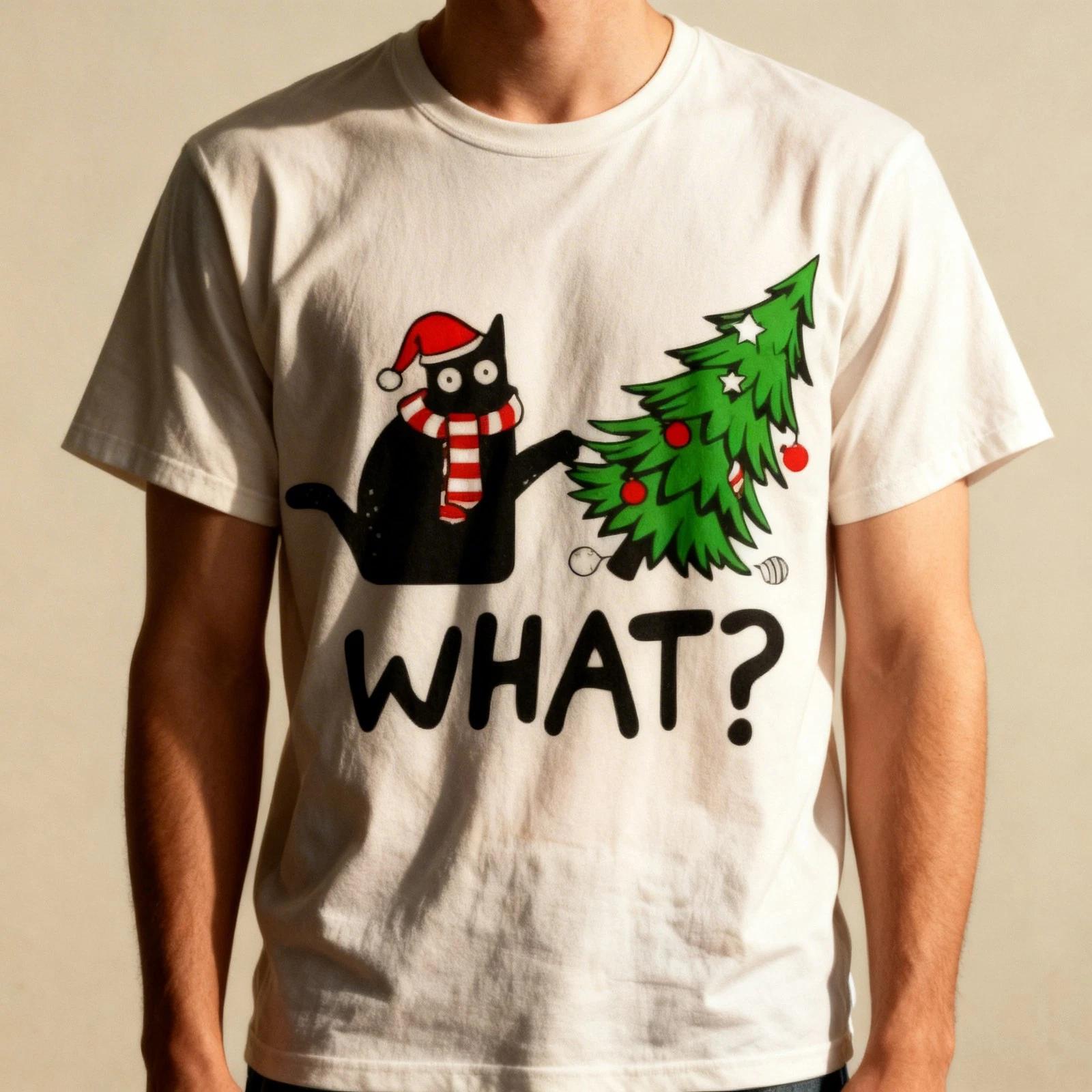Funny Black Cat Gift Pushing Christmas Tree Over Cat What T-Shirt Small L