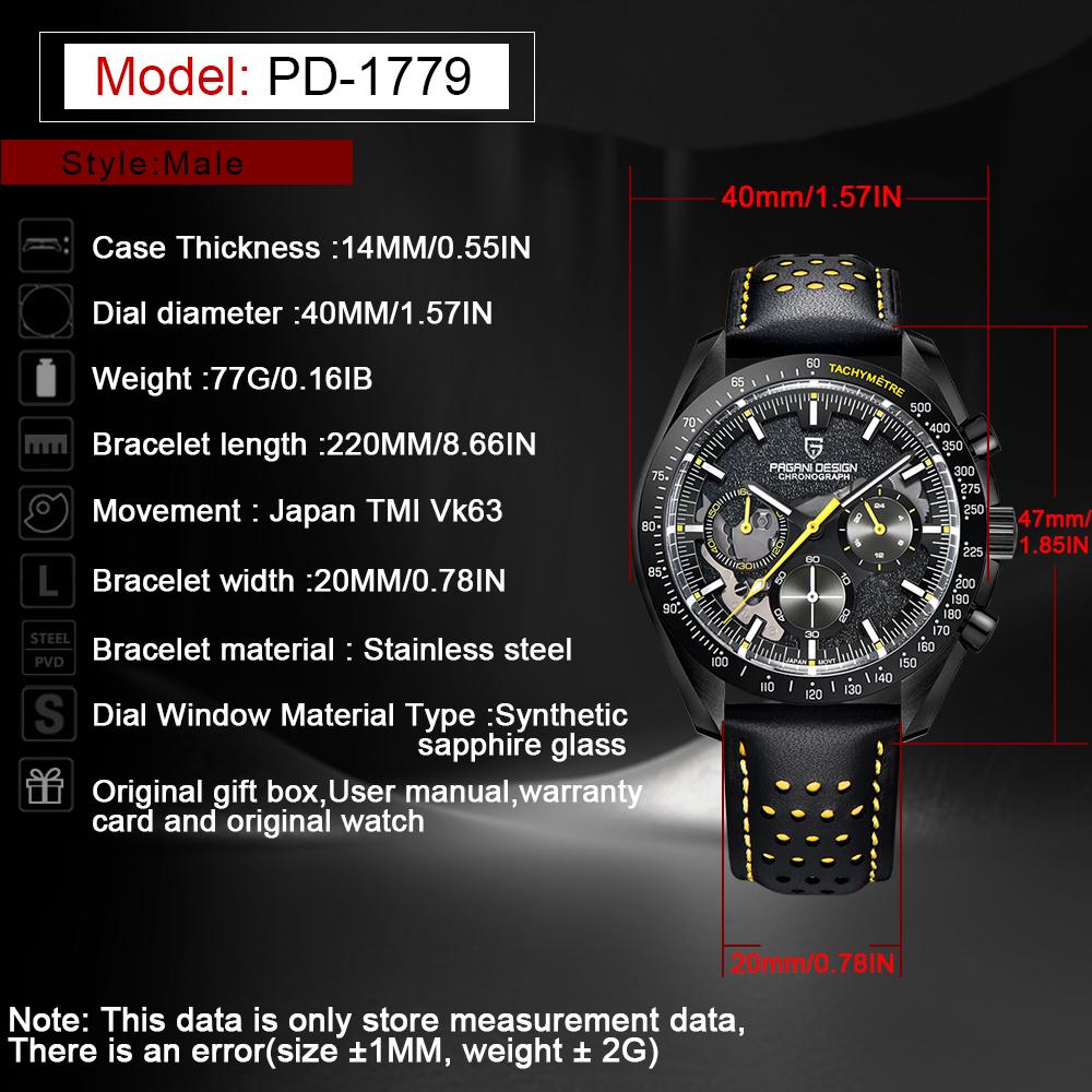 PAGANI DESIGN New Full Black Men's Quartz Watches Luxury Luminous Stainless Steel Chronograph Wristwatch Leather Watchband
