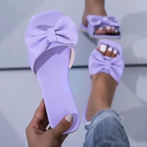 Fashion Shoes for Women Fashion Summer Plus Size Solid Color Bow Flat Sandals Outdoor Beach Slippers Women Shoes 36-43 Women Sandals
