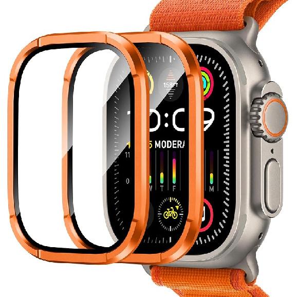 Amizee 2 Pack Metal Case Compatible with Apple Watch Ultra/Ultra 2 Screen Protector Case 49mm with Tempered Glass, Metal Frame Built In HD Glass