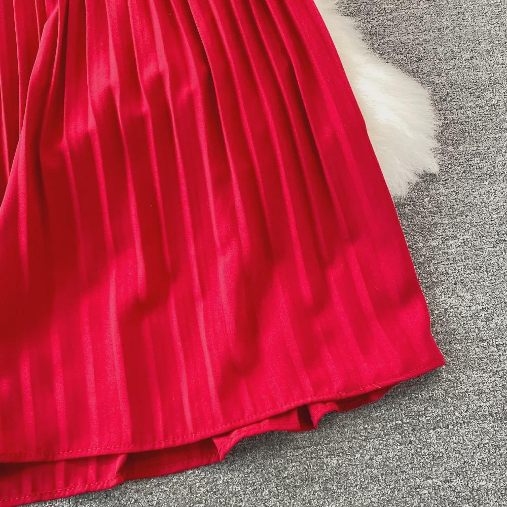 2022 Sommer V-Ausschnitt Kurzarm Schlanke Taille Plissee Midikleid